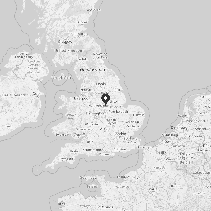 Map of the United Kingdom with a pin on Nottingham