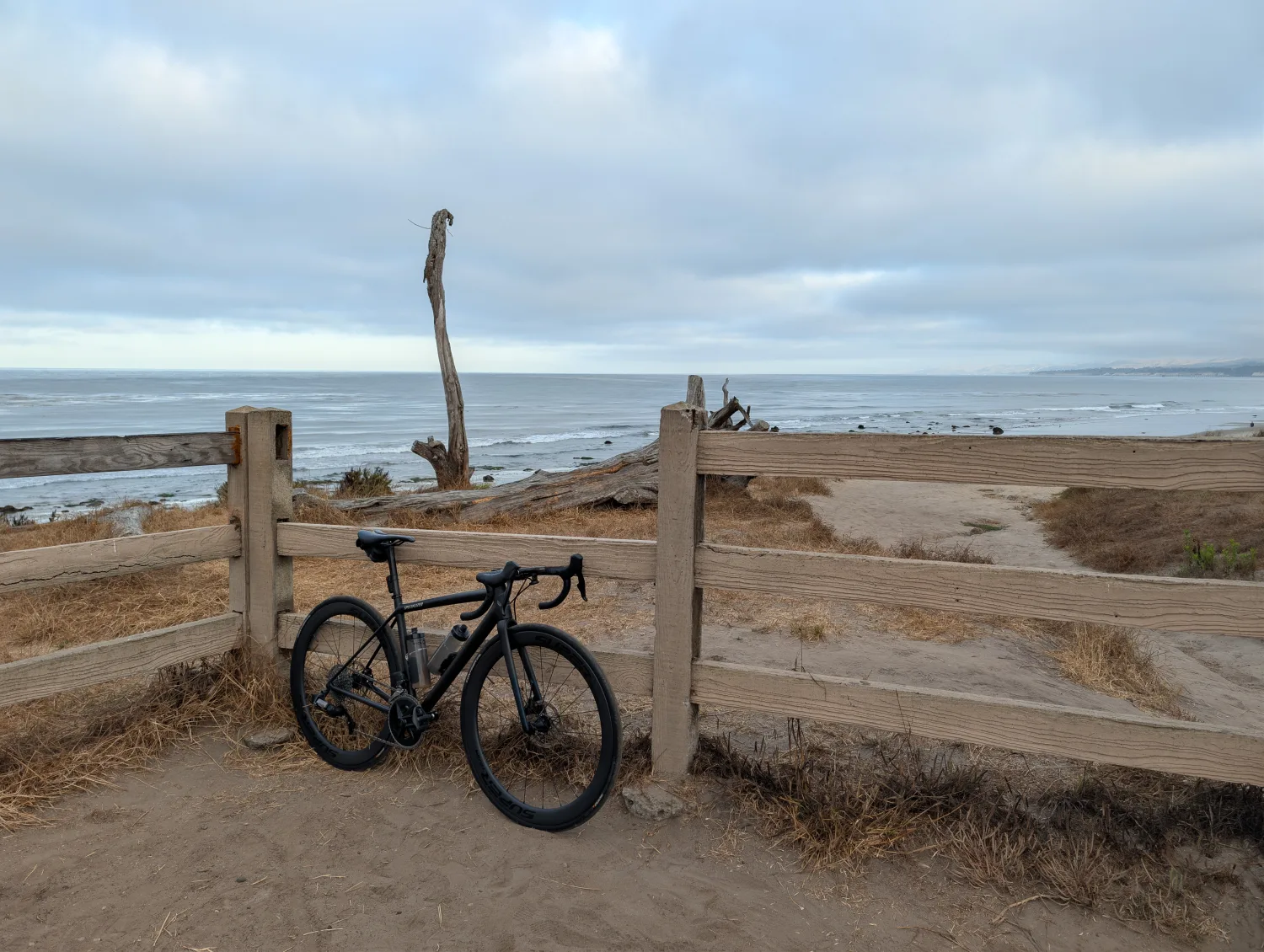 Road bike leaning on a driftwood fence above the ocean