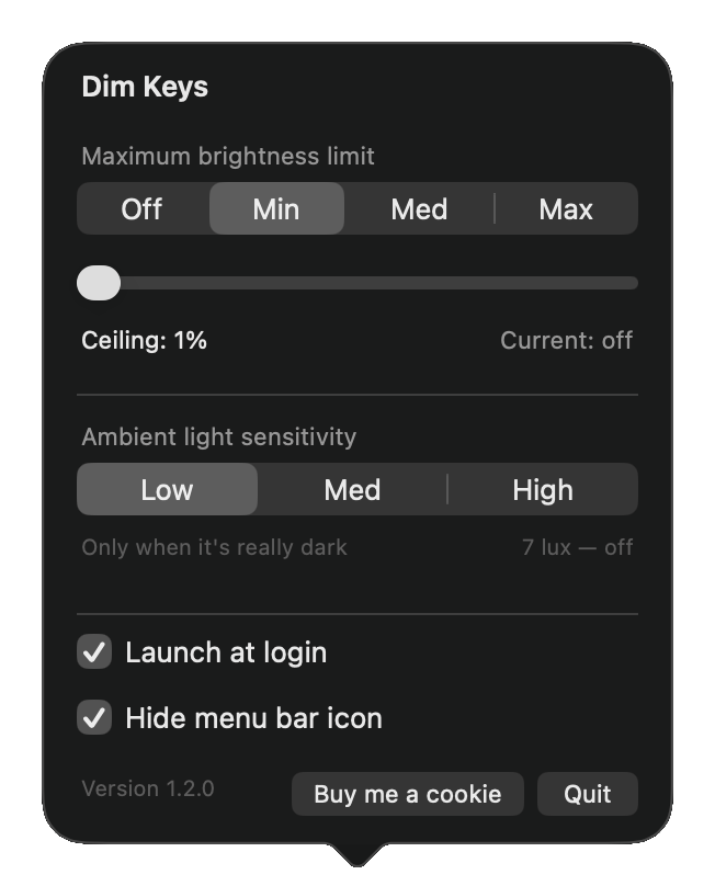 Dim Keys menu bar popover, with a maximum brightness limit, a ceiling slider and an ambient light sensitivity setting